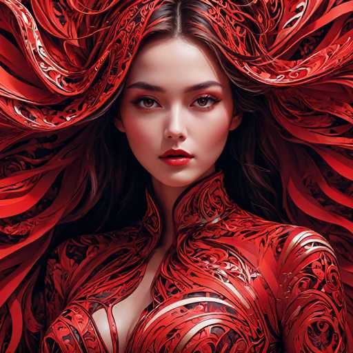 The image shows a close-up portrait of a woman with long brown hair and red lipstick. She is wearing a red dress that has an intricate design on the sleeves and collar, giving it a metallic appearance. The background is black, which contrasts with her vibrant attire and makes her stand out even more.