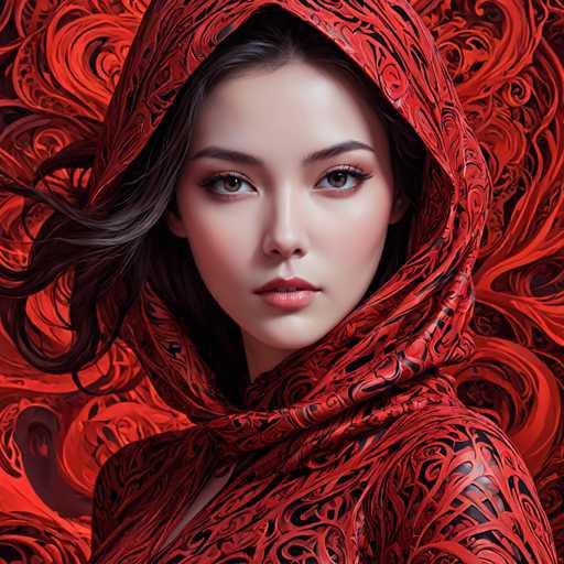 The image shows a close-up portrait of a young woman with long dark hair and striking blue eyes. She is wearing a red hooded garment that features intricate black designs on the sleeves and collar. The background is a vibrant display of red and black swirls, creating an abstract pattern that contrasts with the woman's attire.