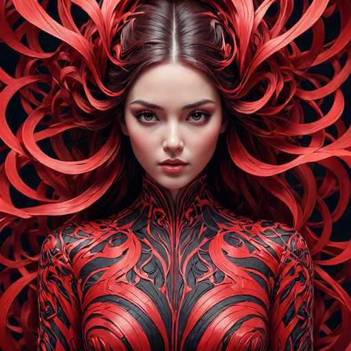 The image shows a close-up portrait of a woman with long red hair styled in an intricate updo that wraps around her face and neck. The woman is wearing a striking red outfit adorned with black and white patterns, which adds to the overall visual impact of the image.