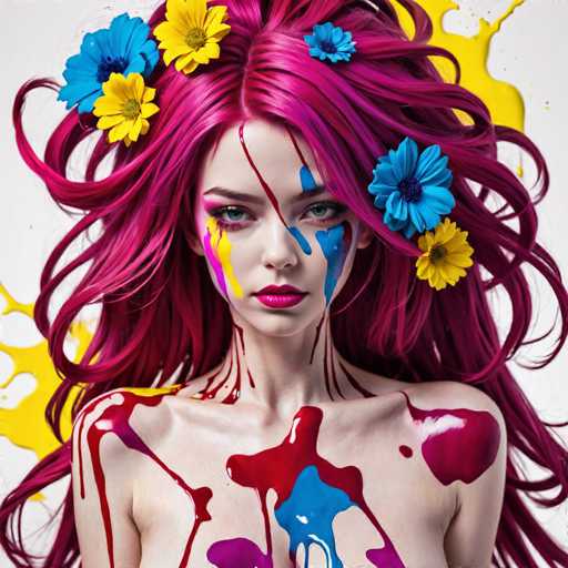 This image features a striking, AI-generated depiction of a woman with long, flowing pink hair adorned with blue and yellow flowers. Her face is painted with vibrant streaks of yellow, pink, and blue, and she has bold red lipstick. Her eyes are a captivating blue, and her skin is bare, revealing a chest splattered with red, blue, and pink paint. The background is a clean white, with splashes of yellow paint adding to the dynamic and artistic feel of the composition. The woman's expression is serious, and she gazes directly at the viewer, creating a powerful and captivating presence.