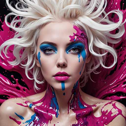 The image depicts a highly realistic, AI-generated portrayal of a woman with short, wavy blonde hair. Her face is adorned with striking makeup, featuring blue eyeshadow that extends from her eyes to her forehead, and pink lipstick. Blue paint is artistically splattered across her face, neck, and shoulders, creating a dynamic and surreal effect. The background is a deep black, accentuated by vibrant pink and blue paint splatters that add to the overall dramatic and abstract composition. The woman's expression is neutral, and she gazes directly at the viewer, her eyes a captivating blue. The image is square in shape, and the intricate details of the paint splatters and makeup contribute to the image's striking and modern aesthetic.