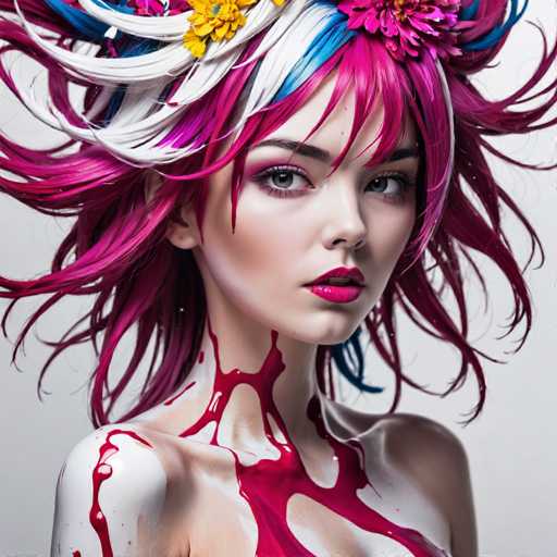 This image showcases a stunning, AI-generated depiction of a young woman with an intricate and vibrant hairstyle. Her hair is a mesmerizing blend of white, blue, and pink hues, adorned with an array of colorful flowers, including yellow daisies and pink blossoms. The flowers are artfully positioned, with some cascading down the sides of her face, adding to the overall dynamic and lively appearance.

Her complexion is fair, and she has striking features, including a full, pink lips that are slightly parted, revealing a hint of her teeth. Her eyes are a captivating gray, framed by long, dark lashes and a well-defined nose. The overall expression on her face is one of subtle intensity, with a hint of a serious demeanor.

The image further details her attire, showing that her shoulders are bare, adorned with a white paint or cream that contrasts beautifully with the pink paint splashes on her chest. The pink paint extends from her neck, creating a visually striking effect that complements her overall artistic and avant-garde look.

This image is a perfect example of the capabilities of AI in creating highly detailed and imaginative artwork that blends realism with fantastical elements, resulting in a visually captivating and thought-provoking piece.