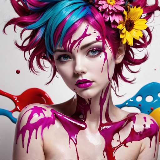 This image features a young woman with short, vibrant pink hair, styled in a way that it appears to be blowing in the wind. Her hair is adorned with a few flowers, adding a touch of natural beauty to her striking appearance. She has captivating blue eyes and is wearing pink lipstick that complements her hair color. Her skin is very pale, giving her an ethereal look. 

The woman is looking directly at the camera, her expression serene and composed. Her shoulders are bare, and her skin is covered in an array of colorful paint splatters. There is a prominent pink paint streak on her right shoulder, with additional pink paint dripping down her neck. On her left shoulder, red paint splatters are visible, along with more pink paint cascading down her arm. The background is a plain white wall, which serves to highlight the vivid colors and intricate details of her appearance.