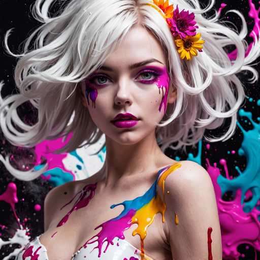 This image features a striking, AI-generated portrait of a woman with short, white hair. Her eyes are a captivating blue, and her lips are painted a vivid purple. She is adorned with flowers in her hair, adding a touch of natural beauty to her otherwise ethereal appearance. The woman is dressed in a white top, which is splattered with an array of vibrant colors—purple, blue, yellow, and red—creating a dynamic and artistic effect. The background is a deep black, speckled with tiny white dots that resemble stars, enhancing the cosmic and otherworldly feel of the image. The overall composition is both surreal and captivating, blending realistic and fantastical elements seamlessly.