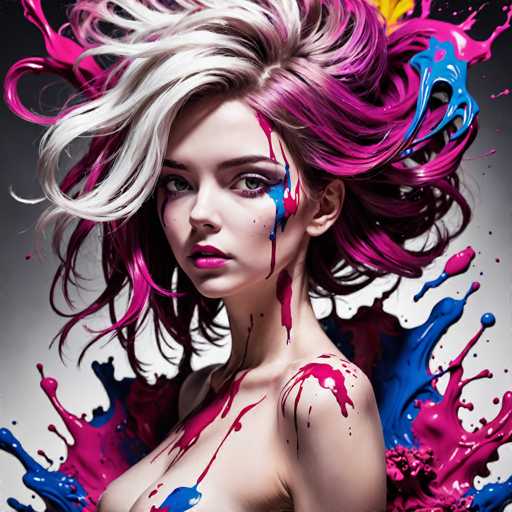 This image is a highly detailed, computer-generated illustration of a young woman, likely in her late teens or early twenties. She is depicted from the chest up, with her bare shoulders and chest visible. Her hair is a striking mix of white and pink, with the white on the left side and the pink on the right, styled in a wild, windblown manner. Her face is adorned with dramatic makeup, including pink lipstick and blue and pink paint splatters that extend from her eyes down to her neck. The background features a gray gradient that transitions from darker at the top to lighter at the bottom, with splashes of pink and blue paint that mirror the colors on her face. The overall composition is vibrant and dynamic, with the woman's intense gaze directed straight at the viewer.