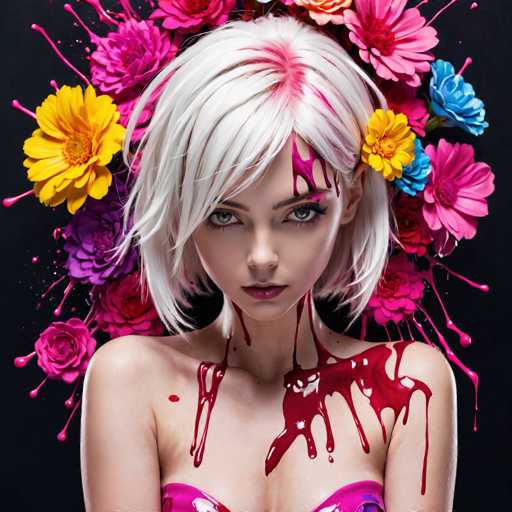 The image depicts a young woman with short, white hair that has pink streaks and is styled in a bob with bangs. Her hair is parted in the middle, and she has striking blue eyes and pink lips. She is wearing a pink top that appears to be cut off at the shoulders, revealing her bare arms. The background is black, which makes the vibrant colors of the image stand out. Surrounding her head are various flowers in shades of pink, yellow, blue, and purple, with some petals appearing to drip like paint. Additionally, there are splashes of red and pink paint on her face, neck, and shoulders, giving the impression that she is covered in paint. The overall effect is a surreal, artistic portrayal that blends elements of beauty and chaos.