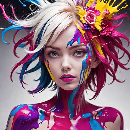 This image features a young woman with a striking and artistic appearance. Her hair is a vibrant mix of colors, predominantly white with streaks of blue and pink, and it appears to be blowing in the wind, giving it a dynamic and lively look. She has a fair complexion and captivating blue eyes that are accentuated by her pink lipstick. Her face is adorned with splashes of paint in various colors, including yellow, purple, and blue, which also extend to her neck and shoulders, creating a visually stunning effect. She is looking directly at the camera, exuding confidence and a sense of artistic expression. The background is a gradient of gray, darker at the top and lighter at the bottom, which complements her colorful appearance. The overall composition of the image is square, with the woman's head positioned at the top and her shoulders at the bottom, framing her face and upper body beautifully.