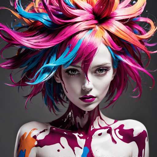 The image depicts a young woman with an ethereal appearance, her skin painted a stark white, creating a striking contrast against her dark, expressive eyes and vibrant purple lips. Her hair is an extraordinary mix of colors, including shades of pink, blue, orange, and red, styled in a wild, windblown manner that adds to her otherworldly aura. The woman's neck and chest are adorned with splashes of paint, predominantly purple, with hints of orange and blue, giving the impression of paint being splattered or poured over her. Her shoulders are bare, further emphasizing the artistic and somewhat surreal nature of the image. The background is a muted gray, which serves to highlight the vivid colors and intricate details of her appearance. The overall effect is a captivating blend of realism and fantasy, making the woman appear almost like a living painting.