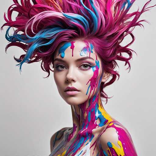 This image features a young woman, likely in her early 20s, with a striking and artistic appearance. She has a fair complexion and is adorned with vibrant, multi-colored hair that blends shades of pink, blue, and purple, styled in a wild, spiky manner reminiscent of a punk rock look. Her hair is short, reaching only to her ears, and it appears to be dyed with streaks of orange and yellow, adding to the vividness of her appearance.

Her face is painted with a mix of blue and pink paint, creating a unique and eye-catching effect. She has brown eyes and is wearing pink lipstick, which complements the colorful paint on her face. The woman is looking directly at the camera, exuding confidence and a sense of artistic expression.

Her neck and shoulders are also painted with the same vibrant colors, creating a cohesive and visually stunning look. The background of the image is a simple gray, which helps to highlight the woman's colorful and artistic appearance. Overall, the image captures a bold and creative portrait of a young woman who seems to embrace a punk-inspired style with a splash of artistic flair.