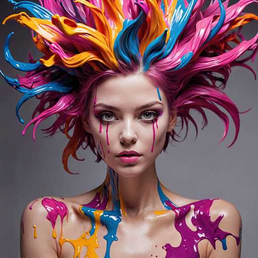 This image features a strikingly realistic yet AI-generated portrayal of a woman with an extraordinary and vibrant appearance. The woman's hair is a mesmerizing blend of pink, orange, and blue, with strands so vivid they appear to be made of paint. Her eyes are a captivating grayish-brown, framed by bold black eyebrows and accentuated with purple eyeshadow. Her lips are painted a bold pink, adding to her overall dramatic look.

However, upon closer inspection, the image reveals its artificial nature. The woman's skin is unnaturally smooth and lacks the natural texture and imperfections of real human skin. Her shoulders are perfectly shaped, and her neck is unnaturally long and slender. Adding to the surreal quality, splashes of pink, blue, and orange paint seem to be dripping down her neck and shoulders, as if she has been splattered with liquid.

The background is a simple gray, which further emphasizes the woman's extraordinary features. Despite the hyper-realistic quality, the overall effect is unmistakably that of a computer-generated image, blending elements of realism with fantastical, painted details.