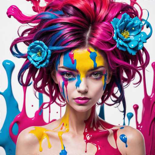 This image features a highly detailed, photorealistic painting of a woman with short, vibrant hair that is a mix of pink, blue, and purple. Her hair is adorned with two large, light blue flowers on either side. The woman's face is strikingly painted with yellow and blue splotches, particularly on her forehead, around her eyes, and down her cheeks. Her eyes are a light blue, and she wears pink lipstick. The painting captures her from the shoulders up, revealing her bare shoulders and a top that appears to be either pink or blue. Surrounding her are splashes of paint that mirror the colors on her face and hair, with blue and pink splotches on the left side and pink and blue on the right. The background is a clean white, emphasizing the vivid colors and intricate details of the woman's face and hair.