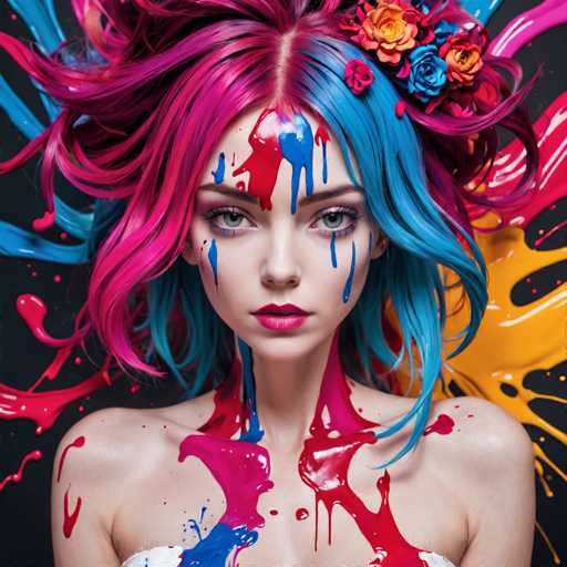 A vibrant, close-up portrait of a young woman with an intensely colorful, paint-splattered hairstyle. Her hair is a dynamic explosion of bright pink and electric blue, with streaks of vibrant orange and teal. The hair is styled in a wild, voluminous fashion, cascading around her face. Her skin is bare, and she's adorned with bold paint splatters in matching colors – pink, blue, orange, and teal. The makeup is dramatic, with dark eyeliner emphasizing her large, expressive eyes. She has a serious yet captivating expression, looking directly at the viewer. The background is a stark black, contrasting with the vivid colors of her hair and makeup. A cluster of colorful flowers is nestled in her hair, adding a touch of organic detail to the otherwise abstract, paint-splattered aesthetic. The overall impression is one of bold artistic expression and a playful, almost chaotic energy.