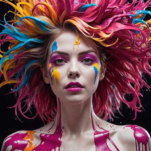 This image features a striking, AI-generated portrait of a woman with an extraordinary appearance. Her hair is a vibrant mix of colors, including shades of pink, orange, yellow, and blue, creating a wild and dynamic look. The woman's face is adorned with bold makeup, featuring pink eyeshadow and pink lipstick, which complements her fair complexion. Her eyes are a captivating greenish-blue hue.

Her neck and shoulders are covered in what appears to be pink paint, adding to the surreal and artistic quality of the image. The background is a deep black, dotted with white specks that resemble stars, enhancing the dreamlike atmosphere of the portrait.

The woman's expression is neutral, and she gazes directly at the viewer, creating a powerful and engaging presence. The overall composition is visually arresting, blending elements of realism with fantastical artistry to create a memorable and captivating image.