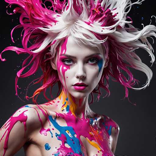 The image portrays a striking, AI-generated depiction of a woman with an otherworldly appearance. Her skin is unnaturally pale, almost resembling porcelain, and her eyes are a vivid blue. Her hair is a chaotic mix of white and pink, with strands so wild they seem to defy gravity, as if she had just emerged from water. The woman's face is adorned with pink and blue makeup, including a distinctive blue streak that runs from her left eye down to her cheek. Her lips are painted a bold pink. 

Her body is covered in an array of paint splatters in various colors—pink, blue, yellow, and orange—adding to the surreal and artistic nature of the image. The paint appears to be splattered across her chest, neck, and shoulders, creating a vibrant, chaotic pattern. The background is a solid black, which contrasts sharply with the vivid colors of the woman, making her appear as if she is floating in a void. The overall effect is a mesmerizing blend of realism and fantasy, capturing the viewer's attention with its intricate details and bold use of color.