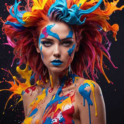 The image depicts a highly detailed, computer-generated or AI-generated artwork of a woman with an intense, almost otherworldly presence. She has pale skin and piercing gray eyes that stare directly at the viewer. Her lips are painted a vivid blue, matching the blue paint that splashes across her face and body. Her hair is a striking mix of red, orange, and yellow, with sections appearing to be dyed and others resembling wild, wind-swept flames. The blue paint extends from her face down to her neck and chest, creating a striking contrast against her bare shoulders and the colorful splatters of red, yellow, and blue that cover her skin. The background is a deep black, speckled with tiny dots of paint that seem to float in the air, enhancing the surreal and artistic quality of the image. The overall effect is a captivating blend of realism and abstract artistry, making the woman appear almost like a living canvas.