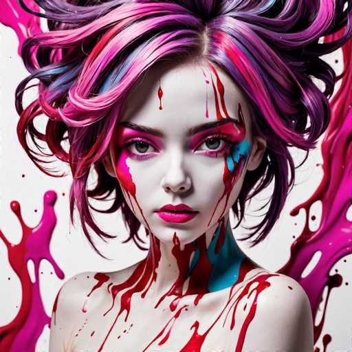 This image is a detailed, computer-generated illustration of a young woman, likely in her late teens or early twenties. She has pale skin and striking green eyes, with her face adorned with vibrant makeup. Her hair is a wild, multi-colored mix of pink, purple, blue, and red, styled in a chaotic, almost wild fashion. Her makeup is equally dramatic, featuring pink eyeshadow, blue and pink streaks on her cheeks, and red lipstick. 

The woman's face is splattered with what appears to be blood, cascading down her forehead, cheeks, chin, neck, and shoulders. There are also blue splotches on her face and neck, adding to the surreal and artistic nature of the image. She is looking directly at the viewer, creating a sense of engagement.

The background is predominantly white, but it is punctuated by dynamic splashes of pink and red paint, which mirror the colors on her face. These paint splatters extend from the bottom left to the bottom right of the image, adding to the chaotic and artistic feel. The overall composition is highly stylized and reminiscent of a high-fashion or avant-garde advertisement, with a touch of horror elements.