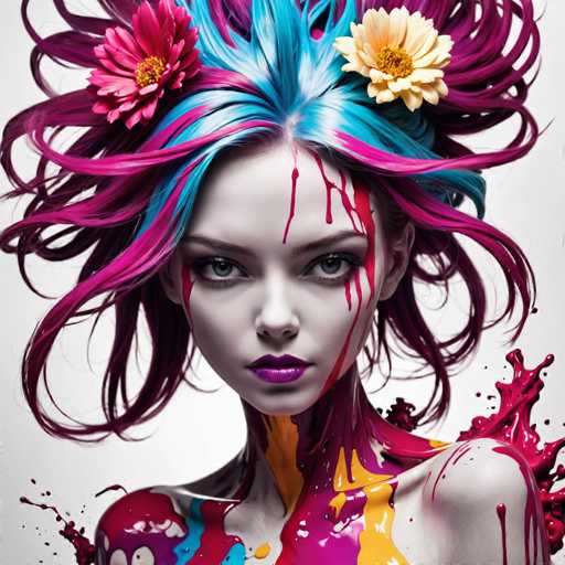 This image features a striking, computer-generated portrait of a young woman with an otherworldly appearance. Her skin is an almost translucent white, giving her an ethereal quality. She has large, expressive blue eyes and full lips painted in a vivid purple. Her hair is a vibrant mix of pink, blue, and white, styled in a wild, windblown manner that adds to her dynamic presence. Two flowers adorn her hair—one pink and one yellow—complementing the colorful strands. 

Her face is marked by dramatic streaks of red paint, which flow down her cheeks and across her forehead, creating a striking contrast against her pale complexion. The same red paint splatters her shoulders and neck, blending into a mix of yellow and blue paint that covers her body. The paint appears to be splashing off her form, adding a sense of movement and fluidity to the image. 

The background is a stark white, which further accentuates the vivid colors of her hair and the paint on her body. The overall effect is a captivating blend of realism and fantasy, making the subject appear almost lifelike yet surreal.