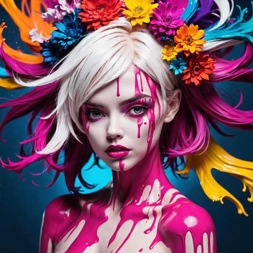 This image features a young woman with an ethereal appearance, her face and neck adorned with streaks of pink paint that cascade down her cheeks and chin. Her lips are painted a striking pink, complementing the pink paint that extends from her neck to her shoulders. She has short, platinum blonde hair, with a hint of pink at the ends, and her hair is styled in a way that it appears to be blowing in the wind. Her eyes are accentuated with pink eyeshadow, and her eyebrows are painted a bold black. 

In her hair, she wears a vibrant array of flowers in shades of red, yellow, blue, and white, adding a touch of natural beauty to her artistic look. The background is a deep blue, which contrasts beautifully with her fair skin and the pink paint. Her shoulders are bare, suggesting she might be wearing a strapless dress, though the image cuts off at her chest, leaving this detail to the imagination. The overall composition of the image is striking, blending elements of artistry and nature to create a captivating visual.