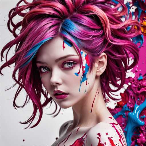 A digital painting of a young woman with vibrant, multi-colored hair in a dynamic, close-up portrait. The subject has striking blue eyes and is wearing bold makeup with pink lipstick and dramatic eye makeup. Her hair is a mix of bright pink, vibrant blue, and hints of orange, styled in voluminous, messy curls. The portrait is partially covered in splashes of red and blue paint, creating a sense of artistic expression and movement. The background is a simple white, allowing the focus to remain on the subject's face and hair. The overall style is highly stylized, with a focus on bold colors and dramatic lighting.