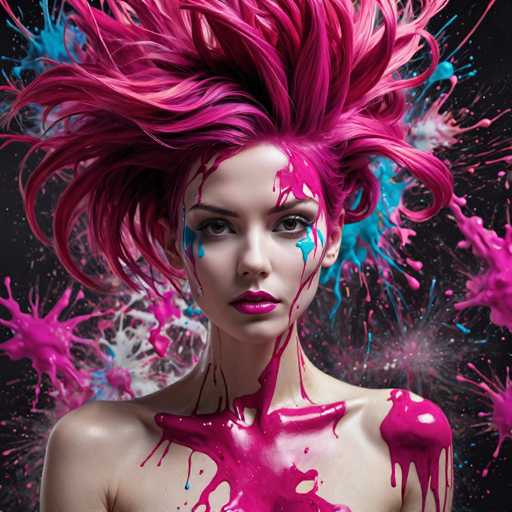 A captivating image features a woman with an extraordinary appearance. Her hair, a mesmerizing blend of pink and purple hues, radiates in all directions, creating a dynamic and wild look. The woman's face is adorned with striking makeup: her lips are painted a vivid pink, and her eyes are framed by bold black eyeliner. Her eyebrows are a rich brown, contrasting beautifully with her fair complexion. 

Her hair is splattered with paint, adding to the artistic and chaotic vibe of the image. The pink paint cascades down her face, neck, and shoulders, while blue paint splatters add an extra layer of visual interest. The background is a stark black, dotted with white specks that resemble stars, enhancing the dreamlike quality of the scene. 

The woman's bare shoulders and chest are visible, suggesting she is not wearing any clothing. The pink paint on her skin appears to be dripping, creating a fluid and organic effect. Overall, the image is a stunning blend of vibrant colors, dynamic textures, and captivating details that draw the viewer into its surreal world.