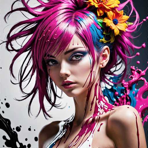 This image features a highly detailed, computer-generated depiction of a young woman with an eclectic and vibrant appearance. She has striking pink hair with blue highlights, styled in a short, spiky fashion. Her makeup is equally bold, with heavy blue eyeshadow and pink lipstick. Her eyes are a captivating grayish-blue, adding to her intense gaze directed straight at the viewer. 

Her hair is adorned with a large, bright yellow flower, possibly a sunflower, with a blue center, adding a touch of nature to her otherwise artificial look. The background is a dynamic mix of colors, with splashes of pink and blue paint on the right side, and black paint on the left, creating a sense of movement and energy. 

She is wearing a white top, though only the upper part of her torso is visible, and her shoulders are bare. The overall composition, with its vivid colors and intricate details, gives the impression of a meticulously crafted digital artwork, possibly created using AI techniques.