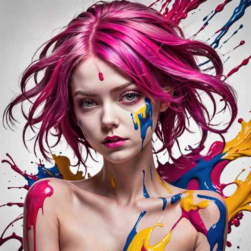 This image features a young woman with short, wavy pink hair that has subtle purple highlights. Her hair is styled in a way that it frames her face, which is adorned with blue and yellow paint splotches. She has striking blue eyes and pink lips, and her expression is serious as she gazes directly at the camera. The woman is topless, with her bare shoulders and upper chest visible, and she appears to be in a studio setting. Surrounding her are vibrant paint splatters in various colors, including pink, blue, yellow, and red, which add a dynamic and artistic flair to the photograph. The background is a light gray, providing a neutral backdrop that makes the colorful paint and her pink hair stand out even more.