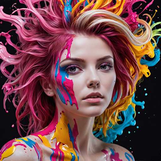 This image features a striking, computer-generated portrait of a young woman set against a black background. The woman, who appears to be in her early 20s, has a very pale complexion and is adorned with an array of vibrant paint splashes. Her hair is a mix of pink, blonde, and red, with some strands appearing almost white. The paint splashes on her face and body include shades of pink, blue, yellow, and orange, creating a dynamic and colorful effect. Her eyes are a captivating blue, and she has a slightly open mouth, revealing her top teeth. The woman is looking directly at the viewer, with her head turned slightly to the right. The image captures her from the top of her head down to her shoulders, emphasizing her bare skin and the artistic paint application. The overall composition is visually striking, with the contrast between the black background and the vivid colors of the paint splashes making the subject stand out dramatically.