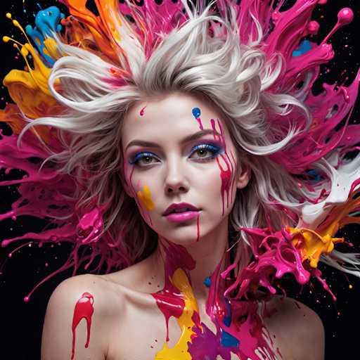 A woman with vibrant, paint-splattered hair and makeup looks directly at the viewer in a striking portrait. The woman has long, voluminous blonde hair that is dramatically covered in colorful paint splatters – pinks, yellows, blues, and purples. Her face is similarly adorned with paint splashes, creating a dynamic and artistic effect. She has striking blue eyes and bold pink lipstick. The background is a deep black, emphasizing the vibrant colors of the paint and the woman's appearance. The overall style is artistic and bold, with a focus on texture and color.