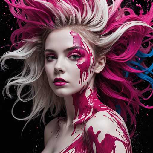This image features a striking, AI-generated depiction of a woman with an ethereal, almost otherworldly presence. She has long, flowing hair that transitions from a light blonde at the roots to a vibrant pink at the tips, with strands of blue interwoven, giving it a dynamic, wind-swept appearance. Her skin is pale and porcelain-like, accentuated by bold, dark pink lipstick that contrasts sharply with her fair complexion. Her eyes are a captivating blue, framed by thick, dark eyebrows and long, dramatic lashes. 

The woman's face is adorned with splashes of pink paint, which cascades down her cheek, over her eye, and across her forehead, creating a dramatic, artistic effect. This paint continues down her neck and onto her shoulder, blending seamlessly with the blue streaks in her hair. The background is a deep, black night sky dotted with white specks that resemble stars, enhancing the dreamlike quality of the scene. The overall composition is both surreal and captivating, blending elements of realism with fantastical artistry.