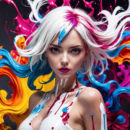 This image features a striking, AI-generated depiction of a woman with an otherworldly appearance. Her hair is predominantly white, interspersed with vibrant streaks of pink, blue, and orange, creating a dynamic and colorful effect. The woman's face is adorned with bold red lipstick, and her eyes are a captivating shade of blue. Her skin is a light tan, adding to her ethereal presence.

She is dressed in a white top that reveals a significant amount of cleavage, emphasizing her confident and alluring demeanor. The background is a swirling canvas of colors, including pink, blue, yellow, and orange, which complements her hair and adds to the overall surreal atmosphere of the image.

The woman's expression is serious, and she gazes directly at the viewer, creating a sense of intensity and engagement. The combination of her vivid hair, piercing eyes, and the colorful backdrop results in a visually arresting and memorable portrait.