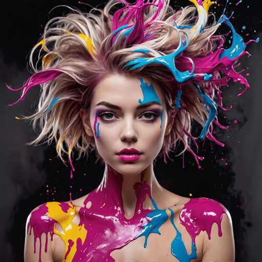 This image features a young woman, likely in her early 20s, with a striking and artistic appearance. She has short, wavy hair that is predominantly blonde with darker roots, and her hair is dramatically styled to stick up in all directions. Her makeup is bold and vibrant, with pink eyeshadow, pink lipstick, and blue accents on her eyelids and cheeks. Her eyes are a captivating greenish-blue color.

The woman is adorned with splashes of paint in various colors—pink, blue, and yellow—on her face, neck, and shoulders, creating a dynamic and eye-catching effect. The paint appears to be dripping down her neck and shoulders, adding to the artistic and somewhat surreal quality of the image. She is looking directly at the camera with a composed expression, her lips slightly parted.

The background is a dark gray, which contrasts sharply with the colorful paint and her light skin, making her stand out prominently. The overall composition of the image, with its vivid colors and unique styling, suggests it could be a piece of digital art or a highly stylized photograph.