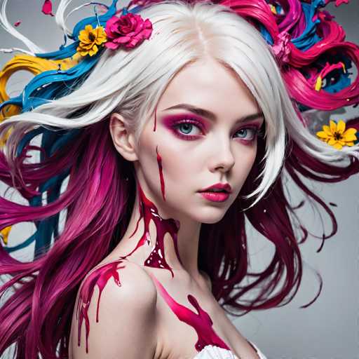 This image features a striking, computer-generated depiction of a young woman with an ethereal appearance. She has long, flowing hair that transitions from white at the roots to vibrant pink and blue tips, creating a dynamic, almost surreal effect. Her hair is adorned with yellow and pink flowers, adding a touch of natural beauty to her otherworldly look. The woman's eyes are a captivating blue, framed by dark eyebrows and accentuated with pink eyeshadow. Her lips are painted a bold red, contrasting with her fair complexion. 

A notable feature is the red paint that appears to be dripping down her neck and shoulders, resembling blood but with a more artistic, possibly symbolic, quality. She is dressed in a white top, though only the upper portion is visible in the image. The background is a muted gray, which serves to further highlight the vivid colors and intricate details of her appearance. The overall effect is a mesmerizing blend of beauty and surrealism, making the viewer question the boundaries between reality and digital artistry.