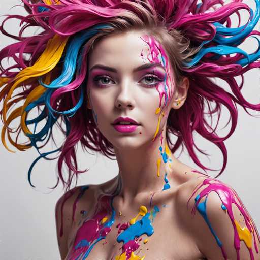 This image features a young woman, likely in her early 20s, with a striking appearance. She has fair skin and brown hair that has been dyed a vibrant mix of pink, blue, and yellow, styled in an wild, windblown manner that frames her face and extends past her shoulders. Her makeup is bold, with pink eyeshadow and pink lipstick, and her eyes are a captivating gray. She is topless, with her bare shoulders and chest visible, adorned with splashes of pink, blue, and yellow paint that cascade down her face and body. The background is a solid gray, which contrasts with the vivid colors of her hair and makeup, making her the focal point of the image. The overall effect is a surreal, artistic portrayal that emphasizes her unique and eye-catching appearance.