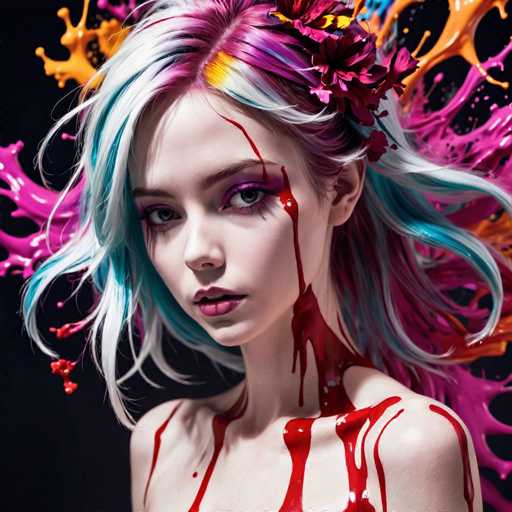 This image is a highly detailed, computer-generated artwork of a young woman, likely in her late teens or early twenties. She has a very pale complexion and striking blue eyes, accentuated by heavy purple eyeshadow. Her lips are painted a vivid red, and her hair is a vibrant mix of white, pink, purple, and blue, with streaks of yellow. Her hair is styled in a way that it appears to be flowing behind her, as if caught in a breeze. 

The woman is adorned with a pink flower on the left side of her head, adding a touch of softness to her otherwise intense appearance. A notable feature is the red liquid, resembling blood, that drips down from her left eye, cascading over her cheek, neck, and shoulders. This same red liquid is also present on her right shoulder, creating a dramatic contrast against her pale skin.

The background of the image is a deep black, which makes the vivid colors of her hair and the red liquid stand out even more. Surrounding her head are splashes of pink and orange paint, adding to the dynamic and somewhat chaotic feel of the artwork. The overall composition is striking, with the woman's face turned slightly to the left, giving a sense of mystery and allure.