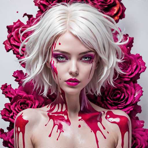 This image features a striking, AI-generated portrayal of a woman with short, platinum blonde hair. Her eyes are a captivating shade of blue, accentuated by heavy purple eye shadow. Her lips are painted a vivid pink, adding a bold contrast to her pale complexion. The woman's face is adorned with red paint that appears to be dripping down her cheeks, neck, and shoulders, creating a dramatic effect. She is positioned against a backdrop of lush, red roses, which further enhance the vivid color palette of the image. The overall composition is visually arresting, blending elements of beauty and surrealism.