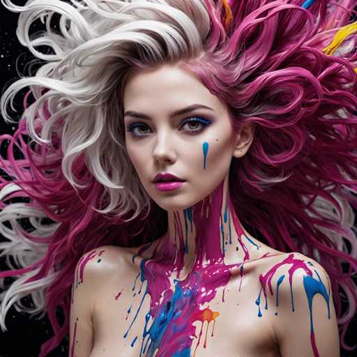 A stunning, digitally painted portrait of a young woman with vibrant, flowing hair. The hair is a striking mix of white and bright pink, styled in voluminous, cascading waves that frame her face. Her skin is fair, and she has piercing blue eyes with bold, colorful makeup – a vibrant purple eyeshadow and bright pink lipstick. 

The woman's body is partially covered in colorful paint splatters, primarily in shades of pink and blue, creating an artistic, abstract effect. Her expression is intense and captivating, with a direct gaze towards the viewer. The background is a deep black, emphasizing the vibrant colors of her hair and skin. 

The overall style is highly stylized and artistic, reminiscent of a modern painting or digital illustration, with a focus on bold colors and dynamic textures.