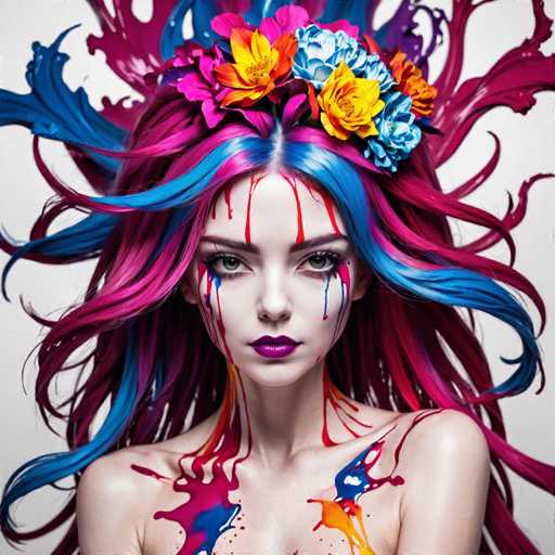 This image portrays a striking, computer-generated portrait of a woman with an intense, almost haunting presence. She has pale skin and vividly colored hair that blends shades of pink, blue, and purple, cascading down her shoulders in wild, wavy strands. Her hair is adorned with a vibrant array of flowers in yellow, blue, and pink, adding a touch of natural beauty to her otherwise surreal appearance. Her eyes are a piercing green, framed by dark eyebrows, and her lips are painted a deep purple. 

Dripping from her eyes, nose, and down her neck and chest are streaks of red and blue paint, creating an illusion of blood or liquid paint that adds to the image's surreal and somewhat unsettling atmosphere. Her bare shoulders and chest are visible, with the paint splatters extending onto her skin, enhancing the dramatic effect. The background is a stark white, which contrasts sharply with her colorful and intricate appearance, making her stand out even more. The overall composition suggests a blend of beauty and chaos, with the woman's intense gaze and the vivid, almost chaotic elements of her hair and paint creating a captivating and memorable image.