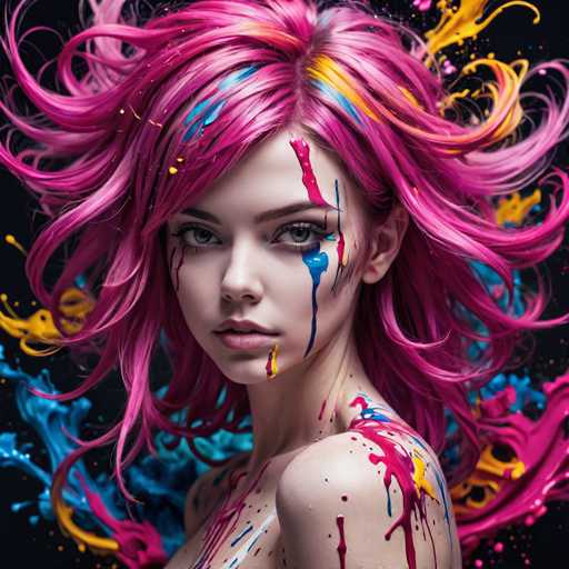 This image features a young woman with an ethereal appearance, her face and body adorned with splashes of vibrant paint. Her hair, a striking blend of pink and purple hues, cascades in wild, wind-swept waves, adding to the dynamic energy of the scene. The woman's eyes are a captivating shade of blue, framed by dark, defined eyebrows. Her lips are painted a soft pink, and her skin is a pale, porcelain-like white.

Paint splatters in an array of colors—pink, yellow, blue, and white—cover her face and body, creating a striking contrast against her pale complexion. The paint appears to have been applied with a free and spontaneous touch, enhancing the artistic and abstract quality of the image. Her hair, which is shoulder-length, seems to be in motion, as if caught in a gust of wind, adding a sense of movement and life to the still image.

The background is a deep, inky black, which serves to make the vibrant colors of her hair and the paint splatters pop even more dramatically. The overall effect is a visually arresting portrait that blends elements of realism with an almost surreal, artistic touch.