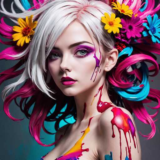 This image features a highly detailed, computer-generated depiction of a young woman, likely in her late teens or early twenties. She has striking white hair with pink highlights, styled in a way that it appears to be blowing in the wind. Her hair is adorned with a vibrant bouquet of flowers, including yellow daisies, pink and blue blooms, and red flowers, which adds a whimsical touch to her appearance. Her eyes are a captivating blue, accentuated by heavy purple eye shadow that extends from her eyelids to her cheeks. She has full, pink lips and a small nose, with a slight asymmetry in her facial features, giving her a unique charm. 

Her skin is pale, and she appears to be topless, with splashes of paint in various colors—red, yellow, blue, and purple—dripping down her neck and shoulder. The background is a gradient of blue and gray, enhancing the ethereal quality of the image. The overall composition gives the impression of a fantastical, almost otherworldly figure, blending elements of realism with a touch of the surreal.