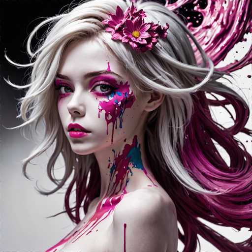 The image portrays a young woman with long, flowing blonde hair that transitions into shades of pink and purple at the tips. Her hair appears to be in motion, as if caught in a gentle breeze. She has striking blue eyes accentuated by heavy pink eyeshadow, and her lips are painted a vivid pink. Her face is adorned with splashes of pink and blue paint, particularly around her eyes and cheek, which gives her a surreal, artistic appearance. She is looking directly at the camera, her expression serene yet captivating. The background is a gradient of black and white, with the top left corner being black and the bottom right corner fading to white. The overall composition suggests a blend of realism and digital artistry, creating a dreamlike, almost otherworldly atmosphere.