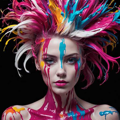 The image features a young woman with an ethereal, almost otherworldly appearance. Her skin is exceptionally pale, creating a stark contrast against the vibrant colors splashed across her body. Her hair is a striking mix of white, pink, and purple, styled in a wild, windblown manner that adds to her surreal aura. The woman's face is adorned with bold makeup: her lips are painted a vivid pink, and her eyes are accentuated with blue eyeshadow. Her eyebrows are painted a deep purple, complementing the overall colorful theme.

Paint splatters in various hues—pink, blue, yellow, and orange—cover her face, neck, and shoulders, giving her a artistic, almost abstract quality. The paint on her neck appears to be dripping, adding a dynamic element to the image. She is dressed in a sleeveless top, revealing her bare shoulders, which are also splattered with paint. The background is a solid black, which further emphasizes the vivid colors and intricate details of her appearance. The overall effect is a captivating blend of beauty and artistry, making the woman look like a living canvas.