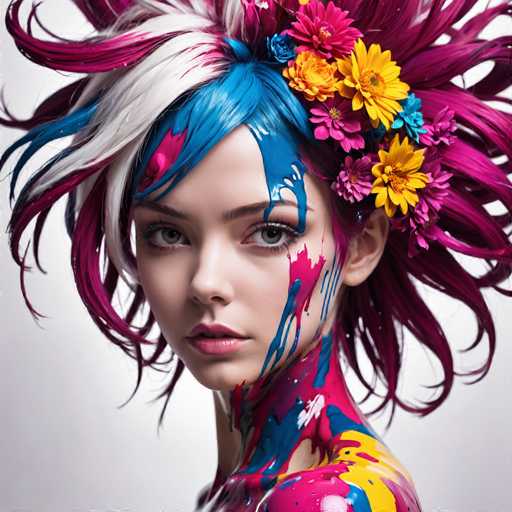 This image features a young woman with an extraordinary and vibrant appearance. Her hair is a striking combination of colors, with the front portion being white, transitioning to blue at the front, and then to a pinkish hue towards the back. Her hair is adorned with an array of flowers, including yellow daisies, pink blooms, and blue blossoms, adding to the whimsical and artistic nature of her look. 

Her face is painted with an eclectic mix of colors, including pink, blue, and yellow, which blend seamlessly with the paint splatters on her neck and shoulders. The paint extends from her face down to her neck and onto her shoulders, creating a cohesive yet chaotic artistic effect. 

Her eyes are a captivating grayish-blue, and her lips are painted a soft pink. The overall composition of the image is surreal and artistic, with the paint splatters and flowers giving her an almost mythical appearance. The background is a simple gray, which serves to highlight the vivid colors and intricate details of her appearance.