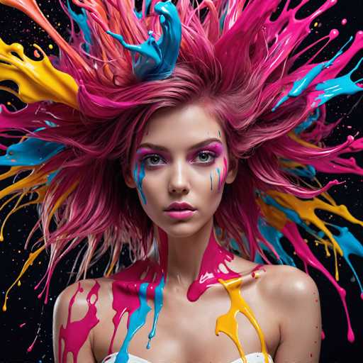 A vibrant, digitally painted portrait of a young woman with intensely pink hair, styled in a dynamic, flowing fashion. The artwork is dominated by splashes of bright paint – pink, yellow, and blue – that cascade across her face, hair, and body, creating a sense of energetic movement. Her eyes are strikingly emphasized with bold makeup, and her expression is direct and captivating. The background is a deep black, allowing the colorful paint to stand out dramatically. The overall style is modern and artistic, emphasizing a sense of bold color and dynamic energy.