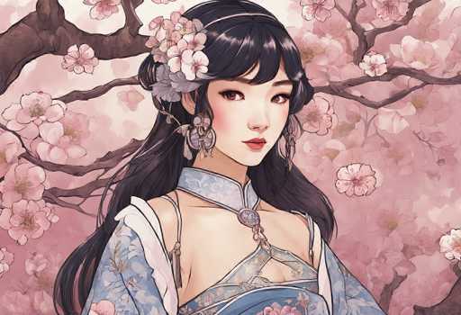 This detailed illustration depicts a young Asian woman, possibly Japanese or Korean, adorned in traditional attire. She has long, dark hair with bangs that partially cover her forehead, and her hair is styled in a bun at the back. Her dark eyes are accentuated by her red lipstick, and she wears large, dangling earrings. She is dressed in a light blue kimono with intricate floral patterns, featuring a white collar and a central clasp. The kimono has delicate straps over her shoulders and a V-neckline. Surrounding her are branches of cherry blossoms, with pink and white flowers in full bloom, creating a serene and picturesque background. The overall composition highlights the beauty of traditional Asian fashion and the natural elegance of the cherry blossoms.