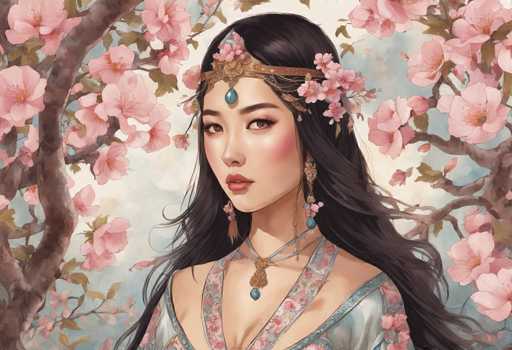The image portrays a detailed, computer-generated illustration of a young Asian woman, possibly Japanese or Chinese, with long, dark brown hair adorned with pink flowers. She wears a gold headband featuring a turquoise jewel that dangles between her eyes, complementing her brown eyes and red lips. Her attire includes a light blue dress with pink floral patterns, and she accessorizes with long, dangly earrings and a necklace that also has a turquoise jewel. The background is a serene blue sky with white clouds, and to her left, a cherry blossom tree with pink flowers and green leaves extends its branches. The overall scene is set outdoors, capturing a tranquil and picturesque moment.