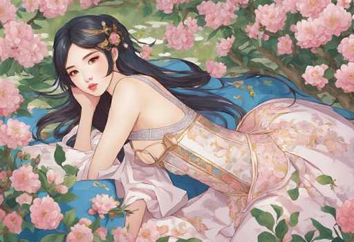 The image depicts a young Asian woman, possibly Japanese or Chinese, lying on her side in a lush garden. She has long, dark hair adorned with a gold and pink flower clip, and her eyes are a warm brown. She is dressed in a traditional kimono, which is pink with intricate gold and blue floral patterns, and features a corset-like bodice with gold bows. The woman is resting on a blue blanket, surrounded by an abundance of pink flowers and green leaves, creating a serene and picturesque scene. The overall composition is reminiscent of a classic painting, with the woman gazing directly at the viewer, exuding a sense of calm and elegance.