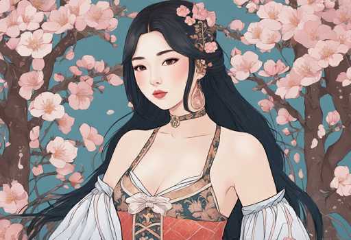 This image is a detailed, computer-generated illustration of a young Asian woman, possibly Japanese or Chinese, set against a serene blue background. She has long, dark black hair adorned with a gold barrette and a pink flower on the right side. Her face is delicately made up with red lipstick, brown eyes, and a touch of pink blush on her cheeks. She wears a choker necklace with a gold pendant and large, dangling earrings that complement her elegant appearance.

Her attire is a traditional, ornate dress featuring a red corset-like top with intricate gold and blue floral patterns. The dress has white, puffy sleeves that extend to her elbows, tied with ribbons. A white bow is positioned at the center of her chest, adding to the intricate design. The lower part of her dress is cut off in the image, but it appears to be a long, flowing garment.

Surrounding her are cherry blossom trees in full bloom, with pink and white blossoms cascading around her, creating a picturesque and tranquil scene. The overall composition highlights the woman's grace and beauty, set against the delicate and vibrant backdrop of cherry blossoms.