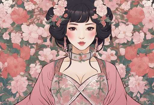 This image features a detailed, computer-generated drawing of a young Asian woman, possibly Japanese or Chinese, set against a background filled with pink and white flowers, including peonies and other varieties, interspersed with green leaves. The woman has long, dark black hair styled in a traditional updo with bangs, adorned with pink flowers and green leaves. She has brown eyes, pink blush on her cheeks, and pink lips. She is wearing a light pink kimono with a floral pattern, which includes shades of pink, green, and white. The kimono has a V-neckline and is complemented by a choker necklace with a pink flower. She also wears long, dangly earrings that match the floral theme of her attire. The overall composition is vibrant and colorful, with the floral background seamlessly blending with her clothing and accessories.