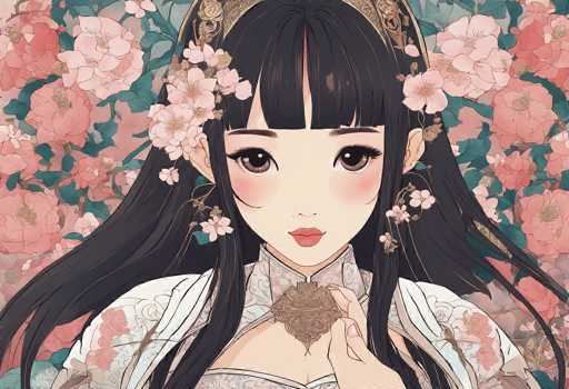 This image features a detailed, anime-style drawing of a young Asian woman with long, dark black hair adorned with pink cherry blossoms. She has large, expressive brown eyes, a small nose, and pink lips. Her attire is a traditional Japanese kimono, predominantly white with intricate pink cherry blossom patterns. The kimono is complemented by a high collar and a bronze-colored brooch at the center. She wears a gold headband with floral designs, adding to her elegant appearance. The background is filled with pink and red cherry blossoms, creating a harmonious and visually appealing composition. The woman is depicted from the chest up, with her head slightly tilted to the right, and her left hand gently touching the brooch. The overall aesthetic is both delicate and captivating, highlighting the beauty of traditional Japanese culture.