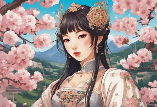This image is a detailed, computer-generated illustration of a young Asian woman, possibly Japanese or Chinese, set against a picturesque background. She has long, dark hair with bangs and is adorned with a large, intricate flower ornament on the left side of her head, which features a star in the center. Her attire is a traditional kimono, predominantly white with a floral pattern in shades of pink, blue, and green, and a light blue collar. The woman has brown eyes, red lips, and a slight smile as she gazes directly at the viewer. Surrounding her are branches of cherry blossoms, with pink flowers in full bloom. The background reveals a serene landscape with a blue sky, distant mountains, and a few buildings nestled among the trees. The overall composition is vibrant and detailed, capturing the essence of traditional Asian culture and beauty.